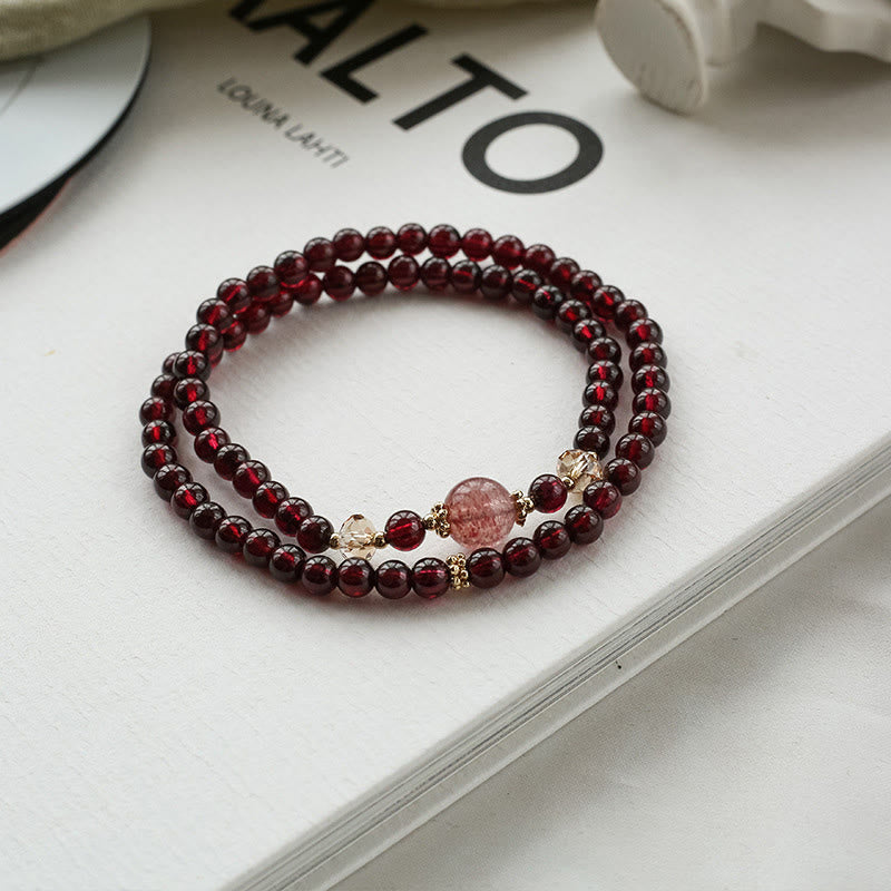 Buddha Stones 14K Gold Plated Natural Garnet Strawberry Quartz Stability Double Wrap Bracelet - image 5