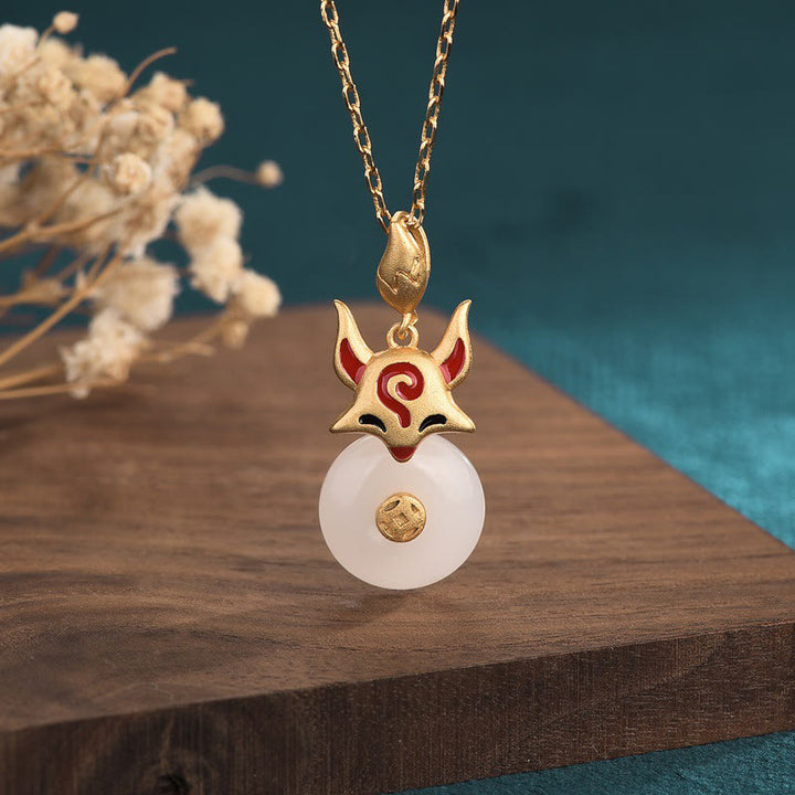 Buddha Stones White Jade Fox Copper Coin Protection Luck Necklace Pendant - White Jade(Protection♥Happiness) - image 0