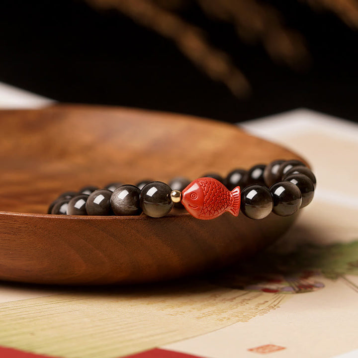 Buddha Stones Natural Silver Sheen Obsidian Cinnabar Koi Fish Soothing Protection Bracelet - image 3