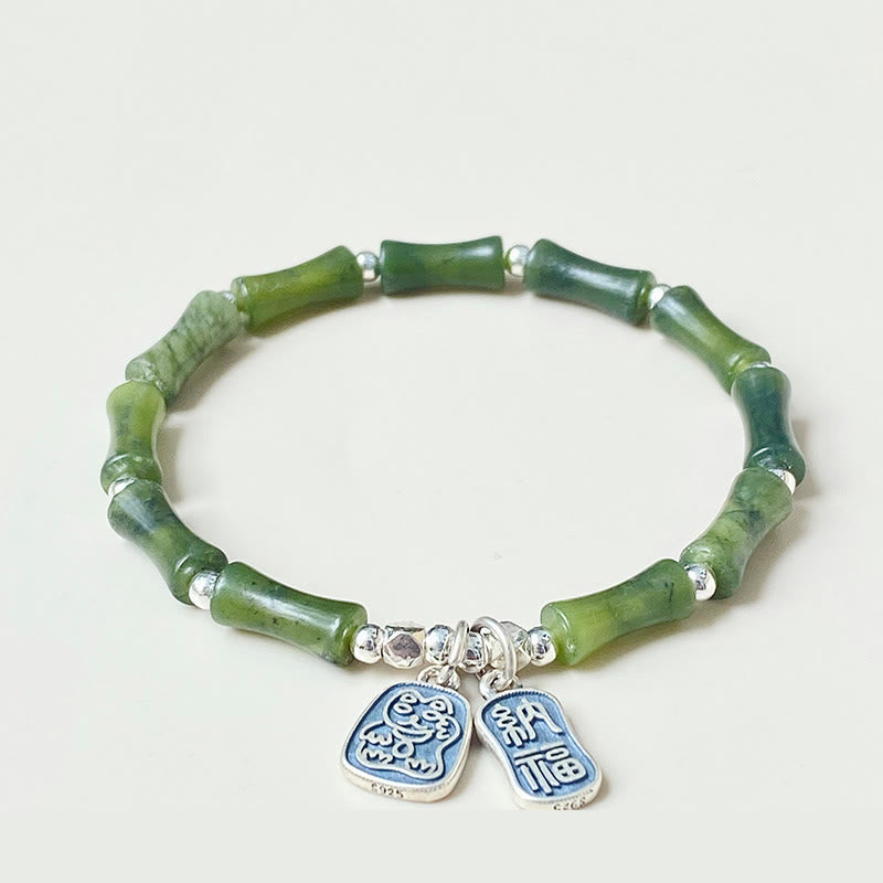 Buddha Stones 925 Sterling Silver Bamboo Jade Lucky Cat Fu Character Luck Abundance Bracelet - image 4