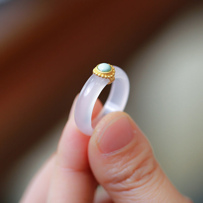 Buddha Stones White Agate Cyan Jade Turquoise Red Agate Luck Protection Ring - Turquoise - Large - image 5