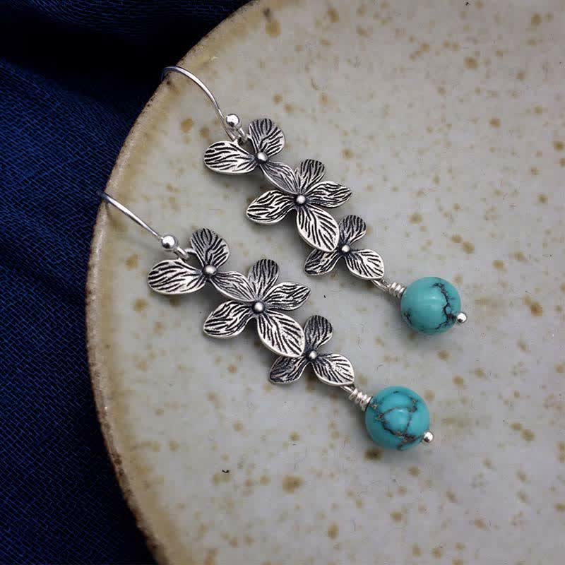Buddha Stones 925 Sterling Silver Turquoise Lazurite Flower Leaf Serenity Protection Hook Drop Dangle Earrings - image 6