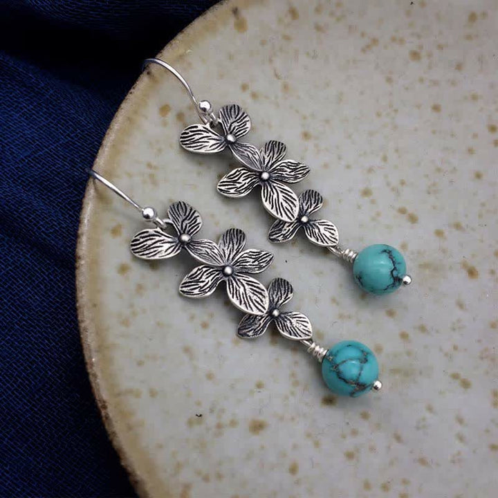 Buddha Stones 925 Sterling Silver Turquoise Lazurite Flower Leaf Serenity Protection Hook Drop Dangle Earrings - image 6