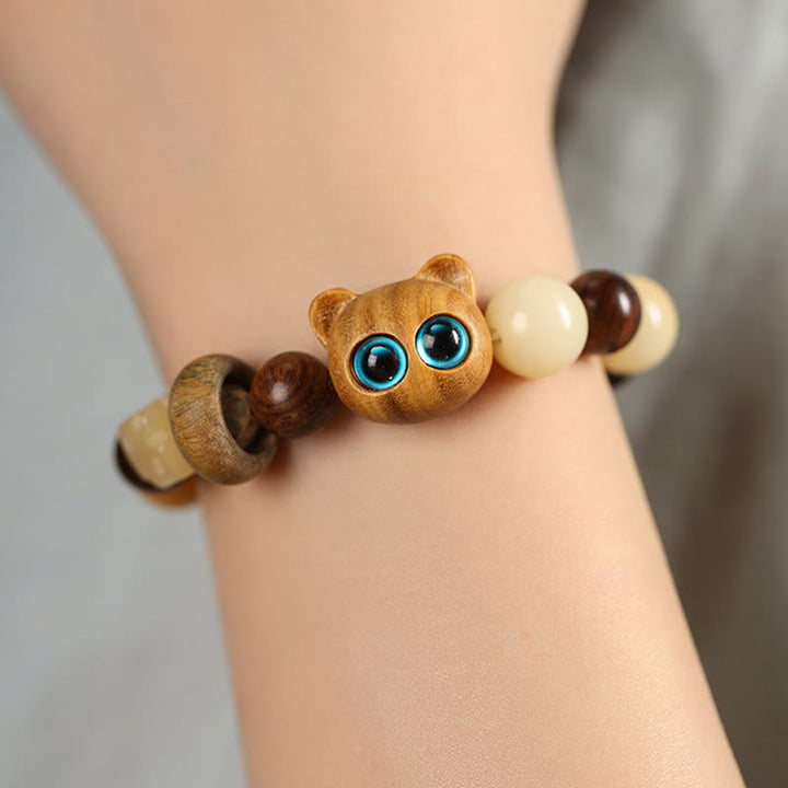 Buddha Stones Natural Bodhi Seed Sandalwood Lucky Cute Cat Head Paw Claw Peace Bracelet - image 9