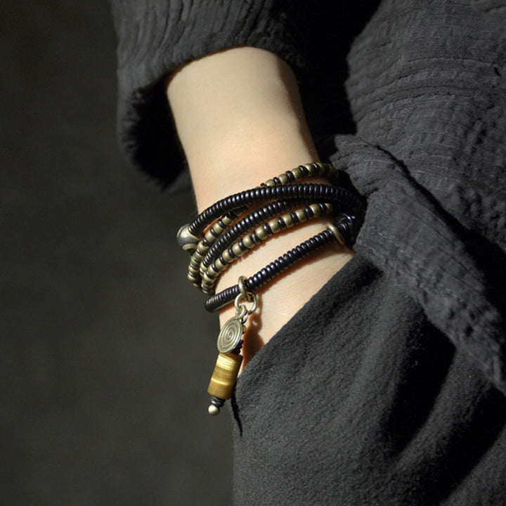 Buddha Stones Ebony Wood Dzi Bead Copper Peace Couple Bracelet Necklace Pendant - image 2