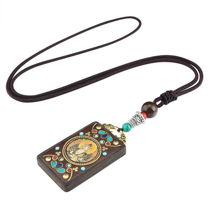 Buddha Stones Tibet God of Wealth Thangka Ebony Peace Necklace Pendant - image 11