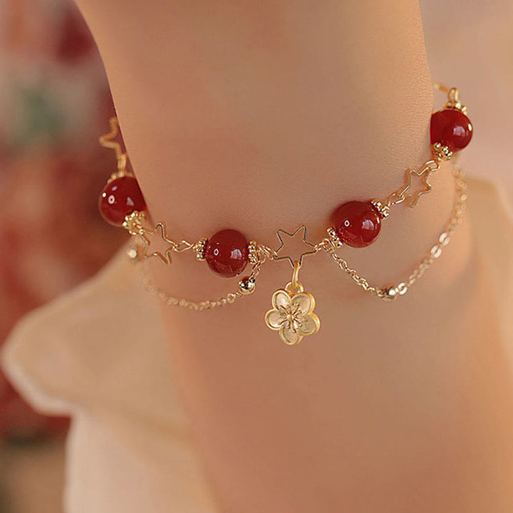 Buddha Stones 14k Gold Plated Red Agate Star Flower Charm Calm Bracelet - image 7