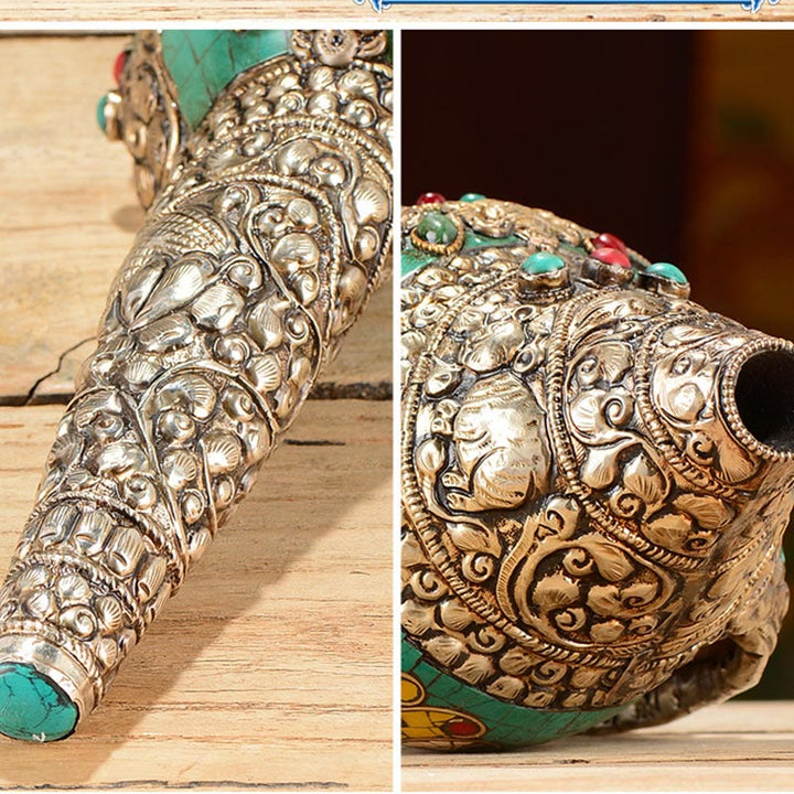 Buddha Stones Tibetan Handmade Engraved Shankha Double Dorje Buddha Conch Shell Wealth Positive Decoration - image 6