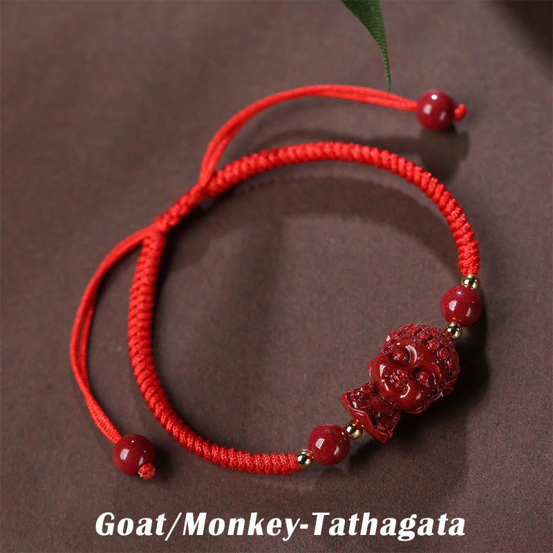 Buddha Stones Chinese Zodiac Natal Buddha Cinnabar Amulet Blessing String Bracelet - Goat/Monkey-Tathagata(Wrist Circumference 16-19cm) - image 9