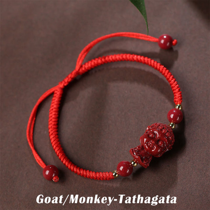 Buddha Stones Chinese Zodiac Natal Buddha Cinnabar Amulet Blessing String Bracelet - Goat/Monkey-Tathagata(Wrist Circumference 16-19cm) - image 9