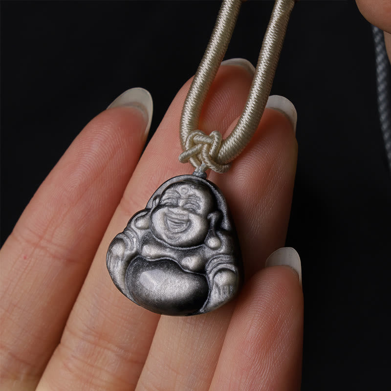 Buddha Stones Natural Silver Sheen Obsidian Laughing Buddha Protection Necklace Pendant - image 1