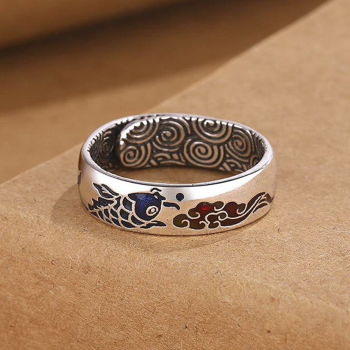 Buddha Stones Koi Fish Auspicious Cloud Design Luck Wealth Ring - image 1