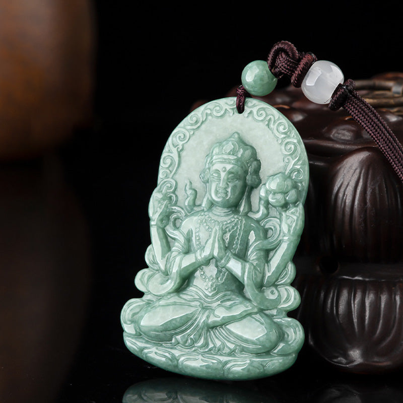 Buddha Stones Four-armed Avalokitesvara Natural Jade Amulet Blessing String Necklace - image 6