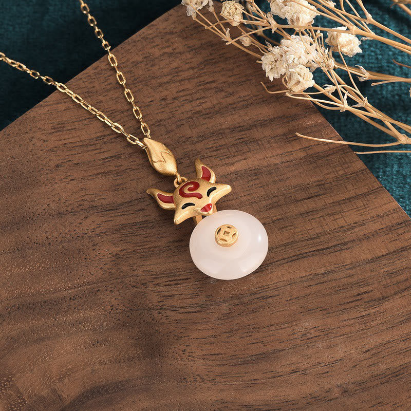 Buddha Stones White Jade Fox Copper Coin Protection Luck Necklace Pendant - image 1