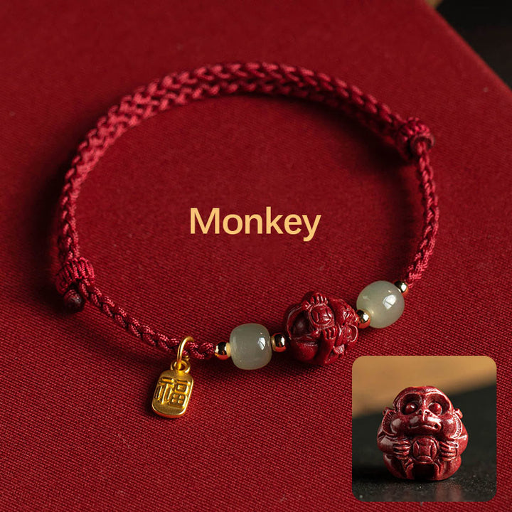 Buddha Stones Natural Cinnabar Chinese Zodiac Hetian Jade Fu Character Luck Rope Bracelet - Monkey(Wrist Circumference 14-18cm) - image 8