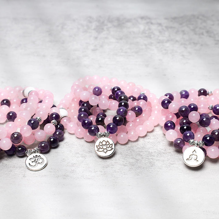 Buddha Stones Natural Rose Quartz & Amethyst Mala Bead Lotus Pendant Bracelet - image 6