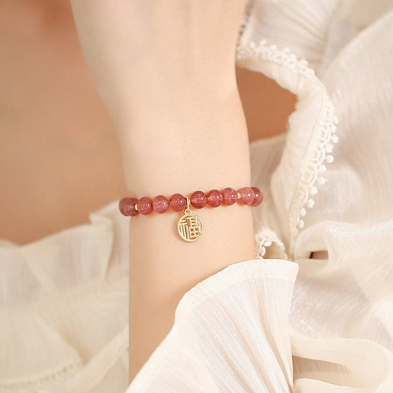 Buddha Stones 14K Gold Plated Strawberry Quartz Fu Character Healing Charm Bracelet - image 8