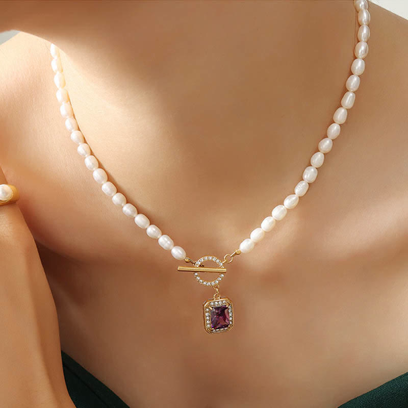 Pearl Zircon Wealth Charm Necklace Pendant - Purple - image 0