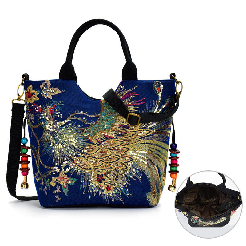 Buddha Stones Peacock Double-sided Embroidery Tote Bag Shoulder Bag Crossbody Bag - image 1