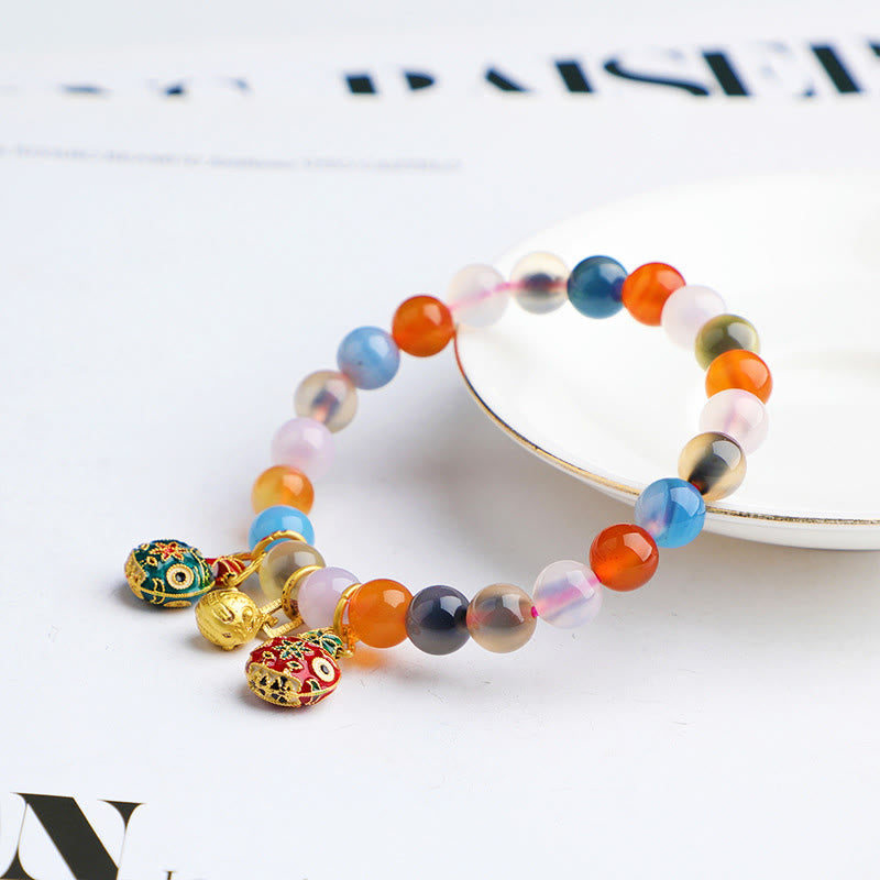Buddha Stones Colorful Candy Agate Gold Swallowing Beast Family Peach Harmony Charm Bracelet - image 2