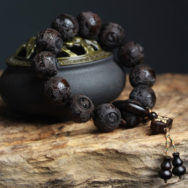 Buddha Stones Ebony Wood Chinese Character Yin Yang Engraved Gourd Balance Bracelet - image 1