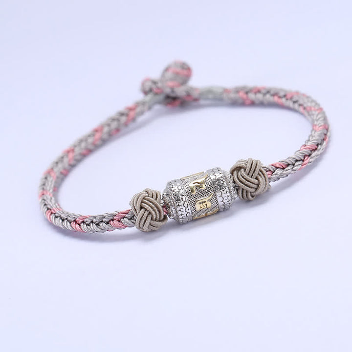 Buddha Stones 925 Sterling Silver Om Mani Padme Hum Prayer Wheel Luck Strength Red String Bracelet - Gray&Pink - 18cm - image 12