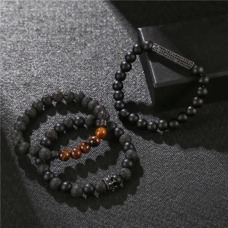 Buddha Stones 3Pcs Frosted Stone Lava Rock Tiger Eye Activate Bracelet - image 5