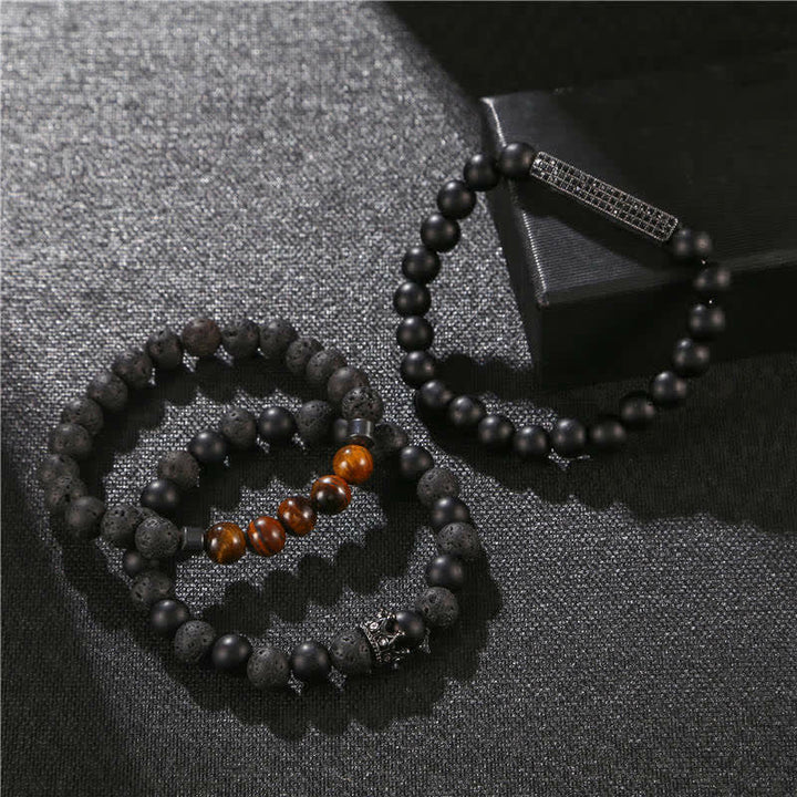 Buddha Stones 3Pcs Frosted Stone Lava Rock Tiger Eye Activate Bracelet - image 5