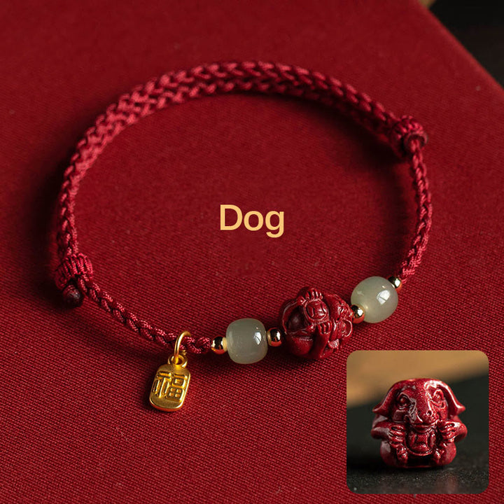 Buddha Stones Natural Cinnabar Chinese Zodiac Hetian Jade Fu Character Luck Rope Bracelet - Dog(Wrist Circumference 14-18cm) - image 18