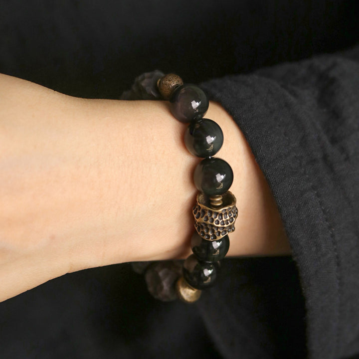 Buddha Stones Black Obsidian Ebony Wood Copper Strength Couple Bracelet - image 3