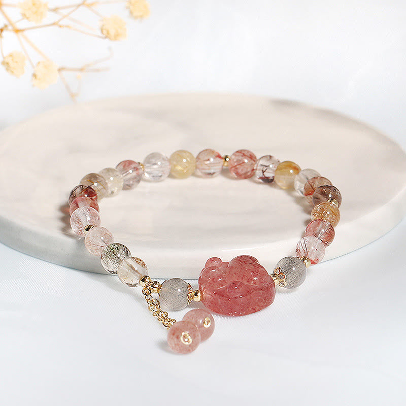 Buddha Stones Natural Strawberry Quartz Cat Paw Claw Colorful Rutilated Quartz Moonstone Love Bracelet - image 2