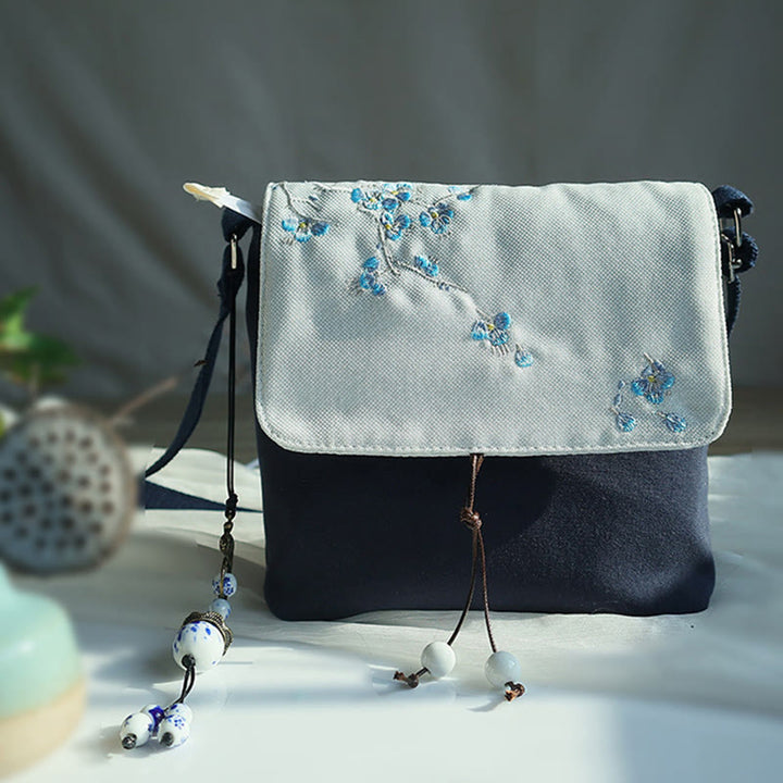 Buddha Stones Handmade Embroidered Plum Flowers Canvas Crossbody Bag Shoulder Bag Handbag - Dark Blue Plum 17*19cm - image 8