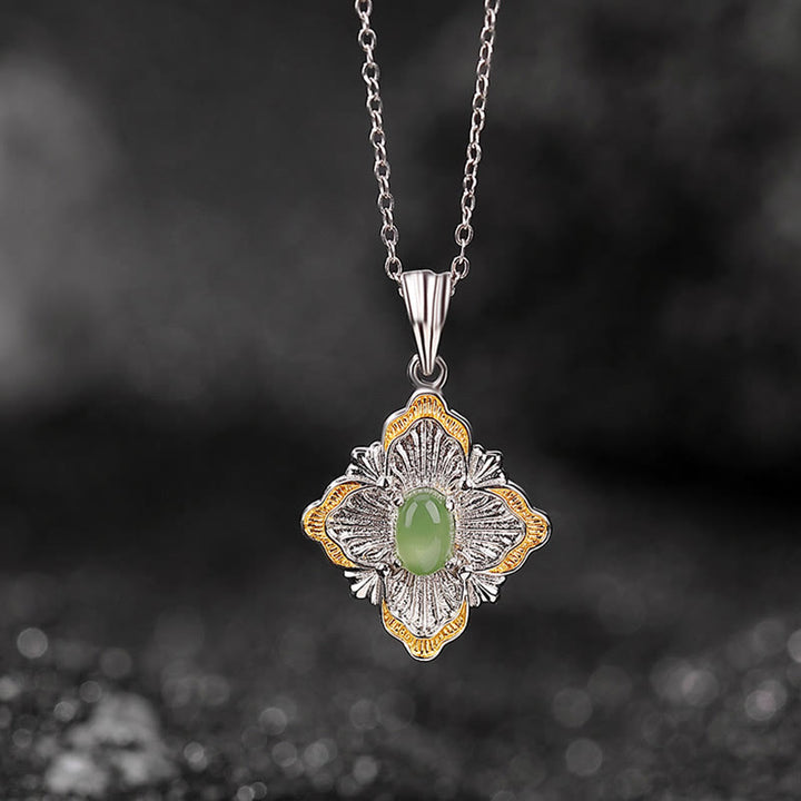 Buddha Stones 925 Sterling Silver Plated Gold Hetian Cyan Jade Rhombus Design Luck Healing Necklace Pendant - image 1