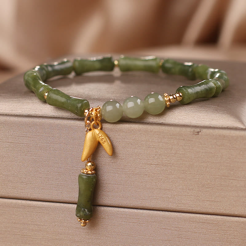 Buddha Stones Green Bamboo Jade Leaf Pattern Wealth Luck Bracelet - image 6