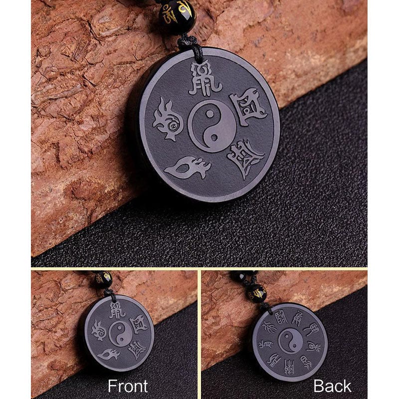 Buddha Stones Natural Black Obsidian Taoism Five Sacred Mountains Nine-Character Mantra Carved Strength Yin Yang Necklace Pendant Key Chain - image 6