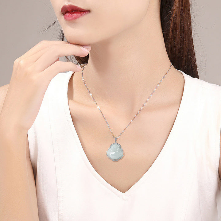 Buddha Stones Laughing Buddha Natural Jade Abundance Titanium Steel Chain Necklace Pendant - image 2