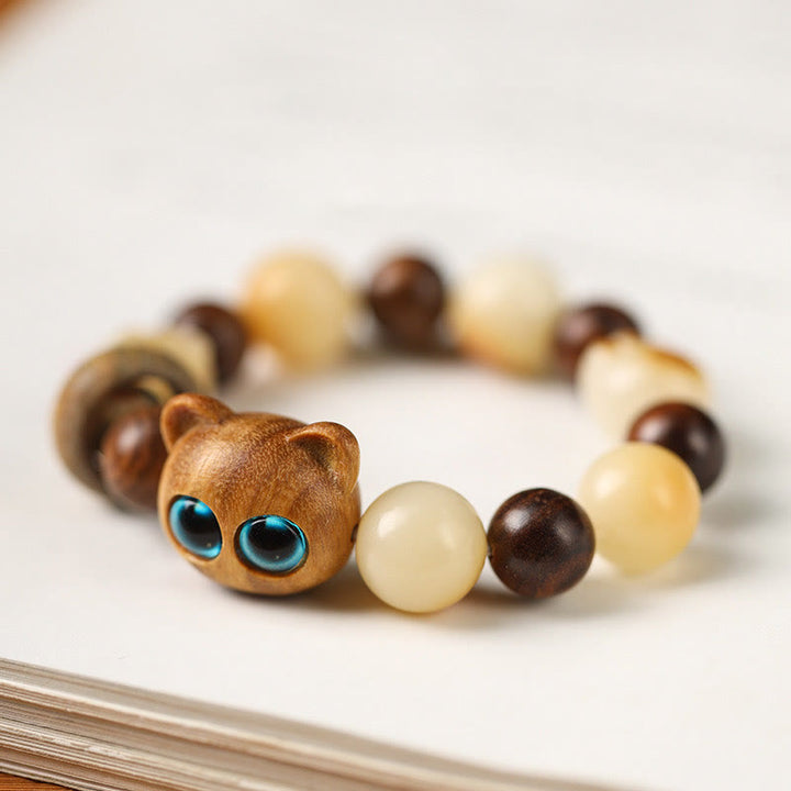 Buddha Stones Natural Bodhi Seed Sandalwood Lucky Cute Cat Head Paw Claw Peace Bracelet - image 5
