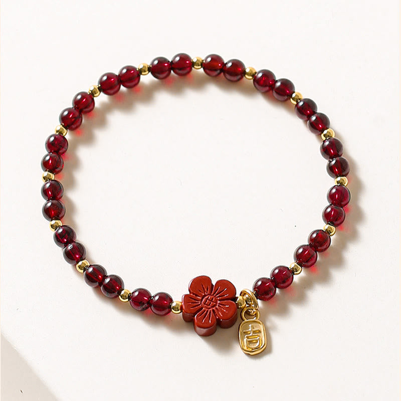 Buddha Stones 14K Gold Plated Natural Garnet Cinnabar Flower Calm Bracelet - image 1