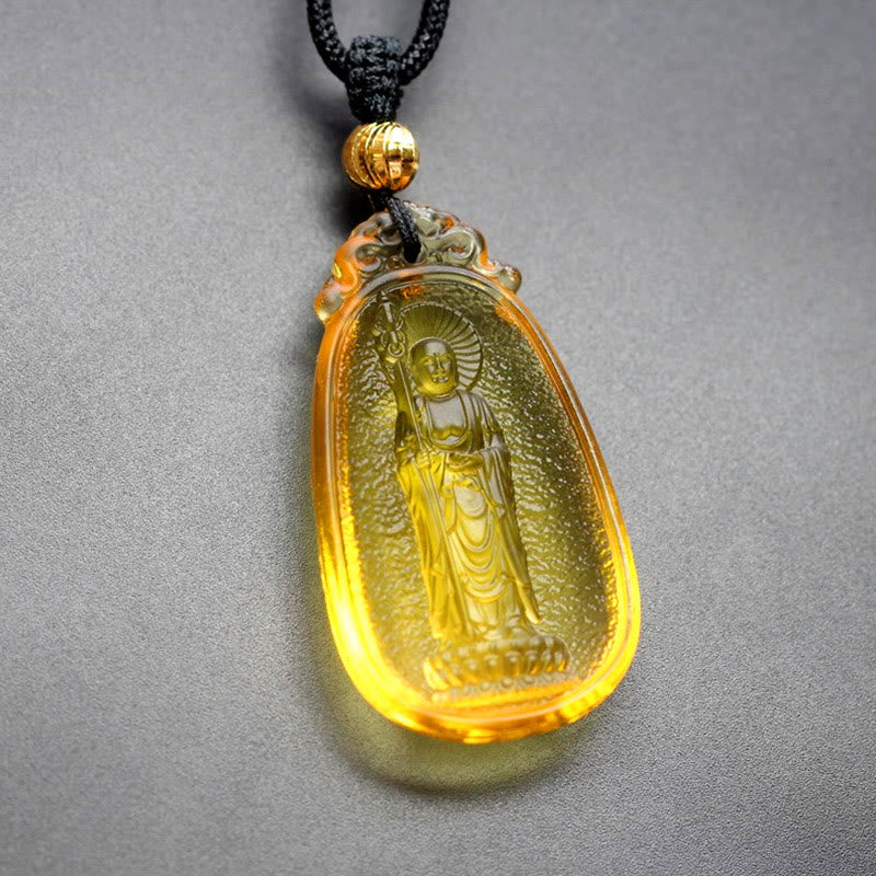 Buddha Stones Ksitigarbha Buddha Liuli Crystal Serenity Amulet Necklace Pendant - Gold Ksitigarbha - image 9
