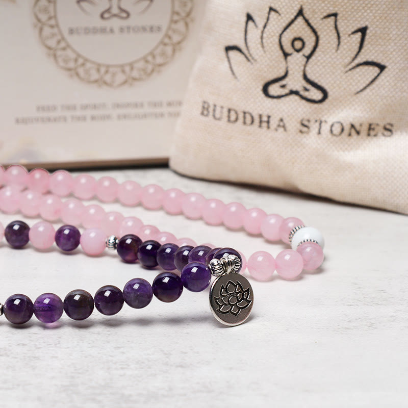 Buddha Stones Natural Rose Quartz & Amethyst Mala Bead Lotus Pendant Bracelet - image 7