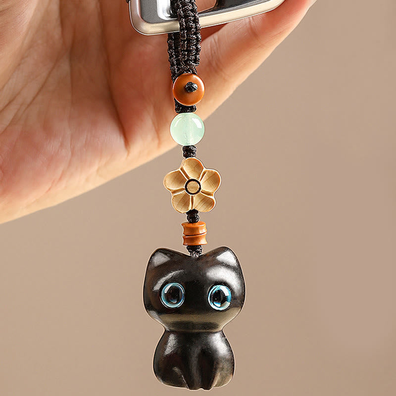 Buddha Stones Mini Small Leaf Red Sandalwood Ebony Wood Lucky Cat Lovely Kitty Peace Key Chain Phone Hanging Decoration - image 6