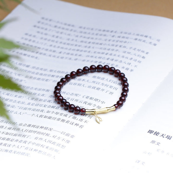 Buddha Stones 14K Copper Plated Gold 925 Sterling Silver Plated Gold Natural Garnet Bamboo Protection Bracelet - image 4