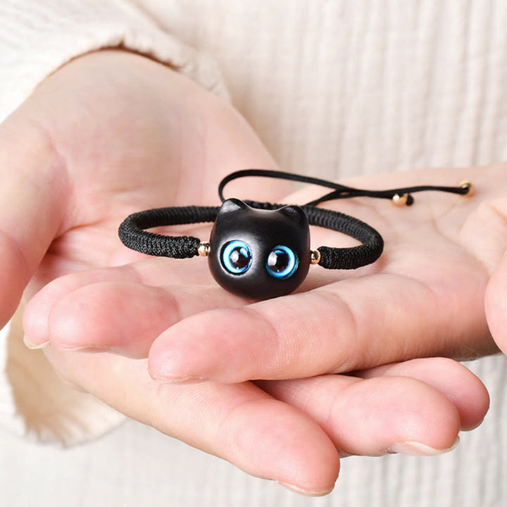 Buddha Stones Ebony Wood Cat Head Pattern Peace King Kong Knot Braided Bracelet - image 17