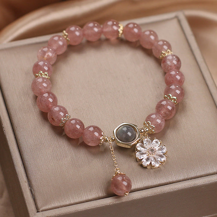 Natural Strawberry Quartz Crystal Daisy Flower Charm Positive Healing Bracelet - image 2