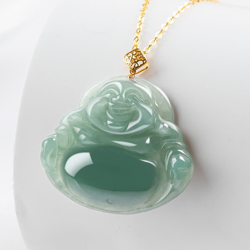 Buddha Stones Laughing Buddha Natural Jade Prosperity Abundance Necklace Pendant - image 1