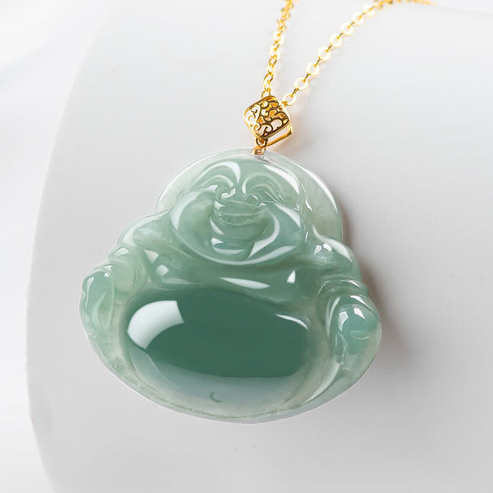 Buddha Stones Laughing Buddha Natural Jade Prosperity Abundance Necklace Pendant - image 1