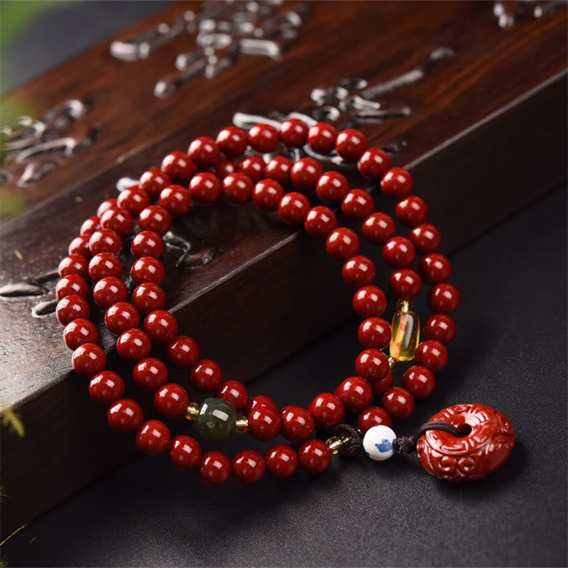 Buddha Stones Tibetan Cinnabar Peace Buckle Triple Wrap Blessing Bracelet Mala - image 4