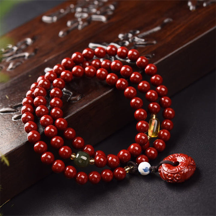 Buddha Stones Tibetan Cinnabar Peace Buckle Triple Wrap Blessing Bracelet Mala - image 4