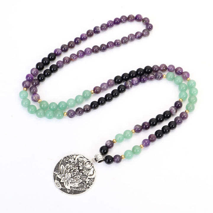 Buddha Stones 108 Mala Beads Amethyst Green Aventurine Lotus Meditation Bracelet - image 6