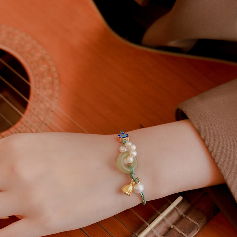 Buddha Stones Natural Hetian Jade Peace Buckle Pearl Luck Handcrafted Braided Bracelet - image 10